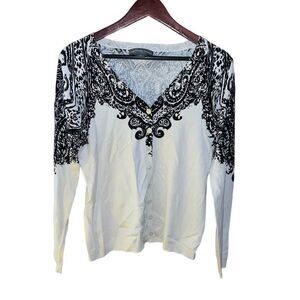 Josephine Chaus ecru and black‎ boho print light weight cardigan size medium